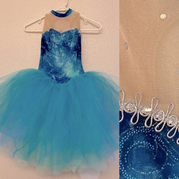 Costume Gallery Dance ballet tutu teal aqua blue velvet rhinestone mesh -MC - Picture 1 of 11
